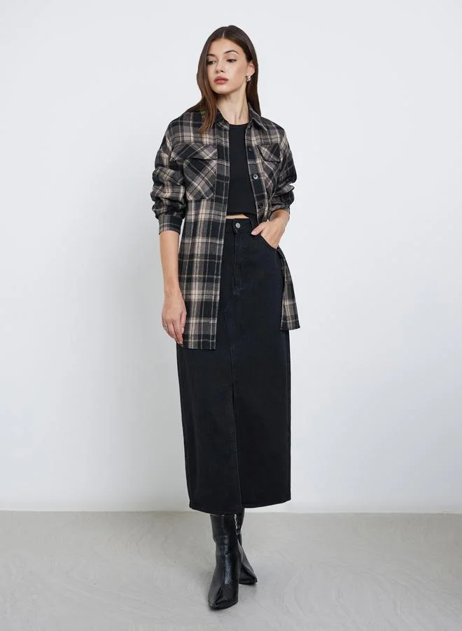 Styli Styli Black Longline Checked Print Shirt
