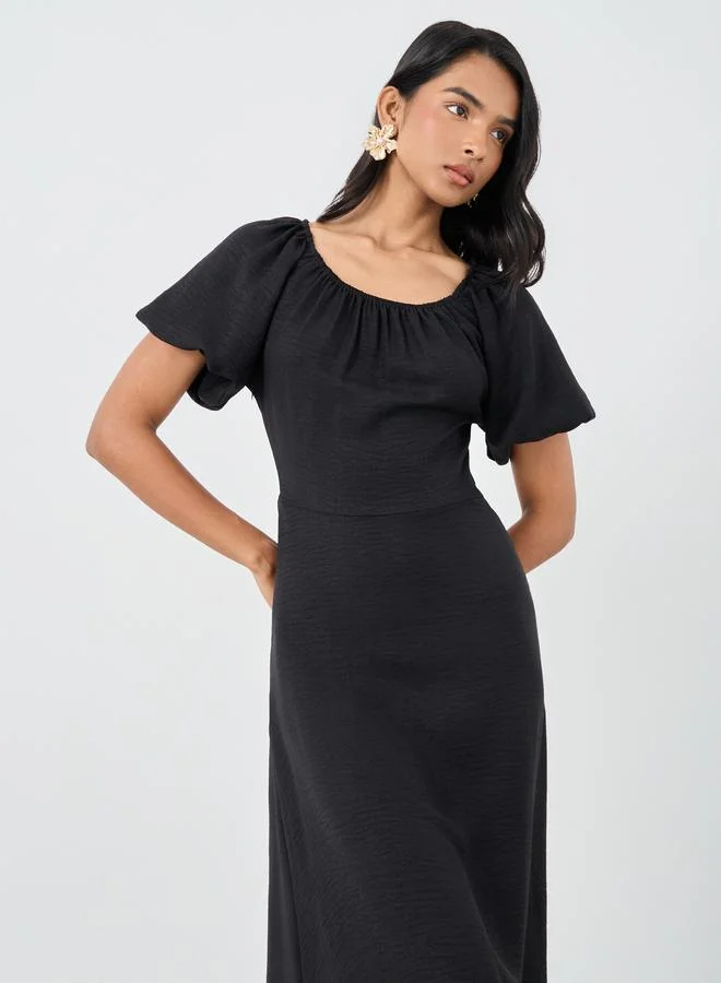 Take Two Take Two Solid Puff Sleeves Round Neck Midi Dress
