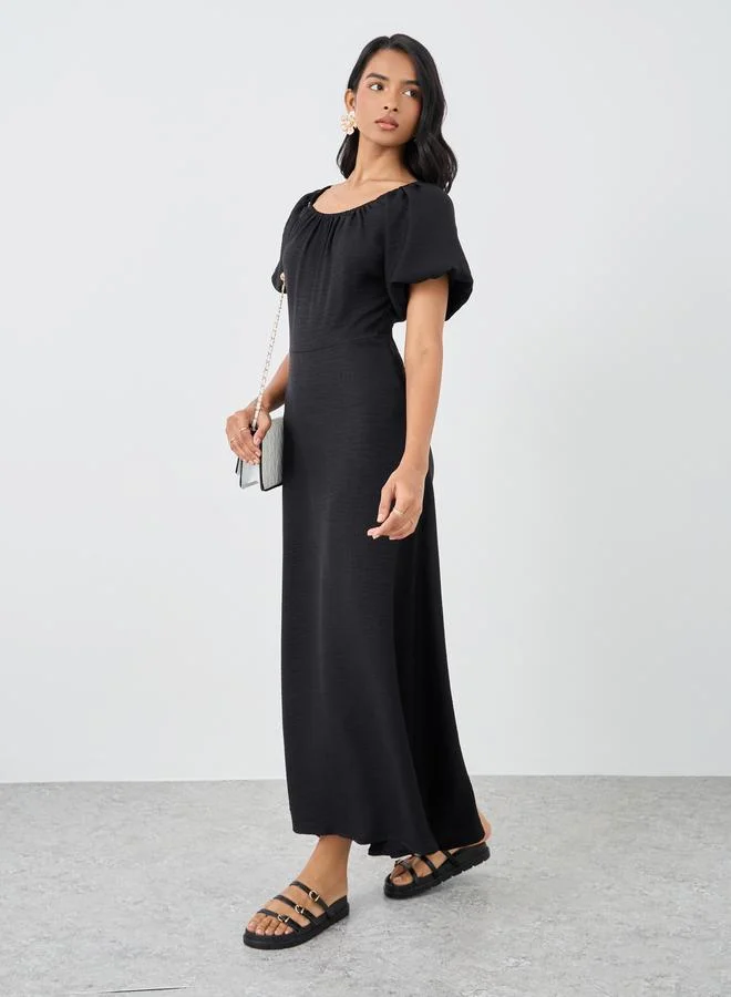 تايك تو Take Two Solid Puff Sleeves Round Neck Midi Dress
