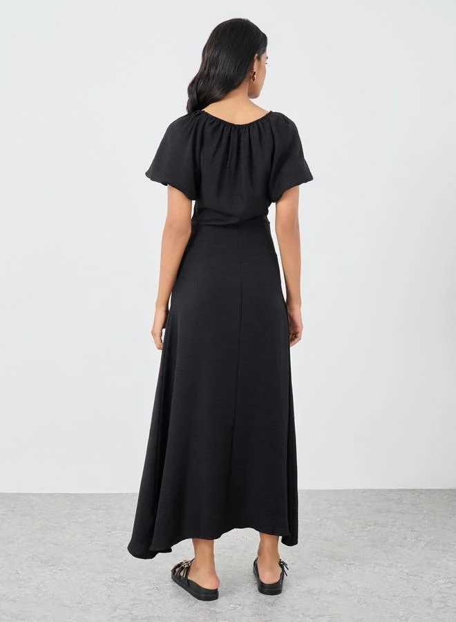 Take Two Take Two Solid Puff Sleeves Round Neck Midi Dress
