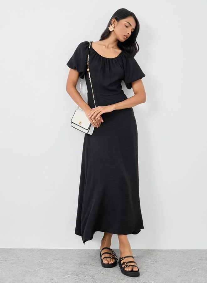 تايك تو Take Two Solid Puff Sleeves Round Neck Midi Dress
