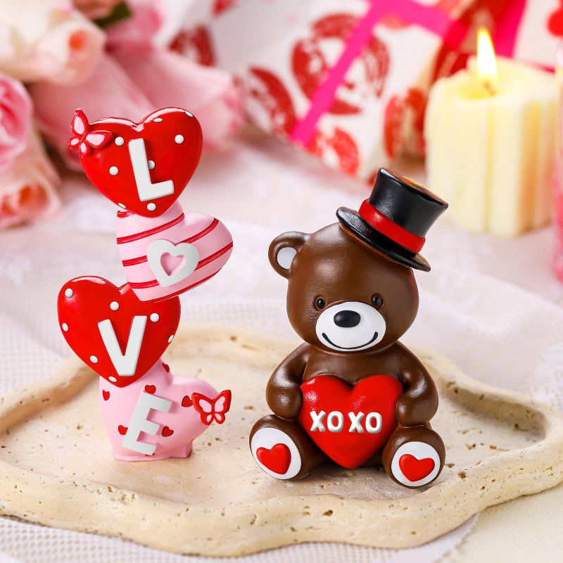 ShinyRelief 2 Pcs Valentine's Day Figurines Resin Bear Tabletop Love Heart Sculpture Decoration Valentine Pink Table Centerpiece for Dining Room Home Party Supplies Gifts Decor - Image 2