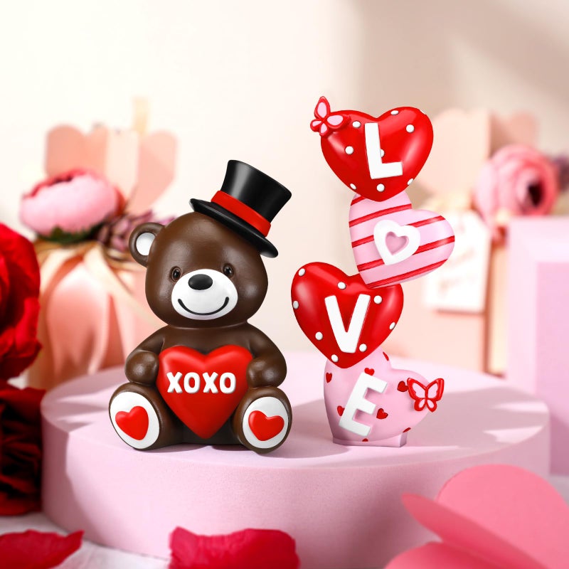 ShinyRelief 2 Pcs Valentine's Day Figurines Resin Bear Tabletop Love Heart Sculpture Decoration Valentine Pink Table Centerpiece for Dining Room Home Party Supplies Gifts Decor - Image 5