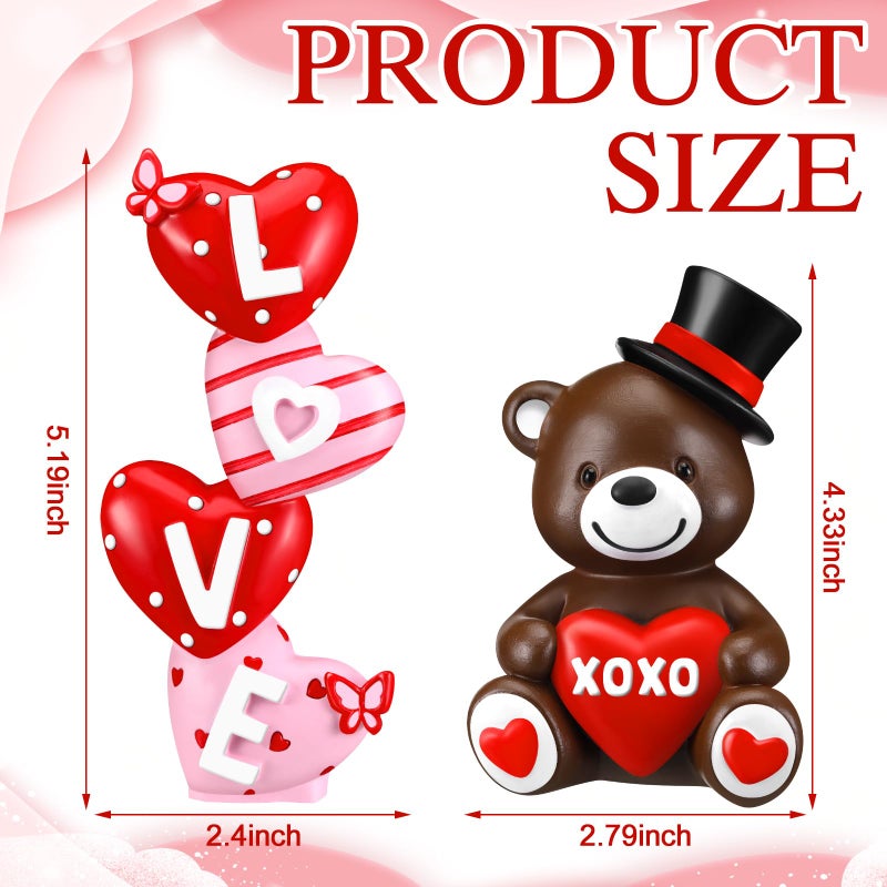 ShinyRelief 2 Pcs Valentine's Day Figurines Resin Bear Tabletop Love Heart Sculpture Decoration Valentine Pink Table Centerpiece for Dining Room Home Party Supplies Gifts Decor - Image 3