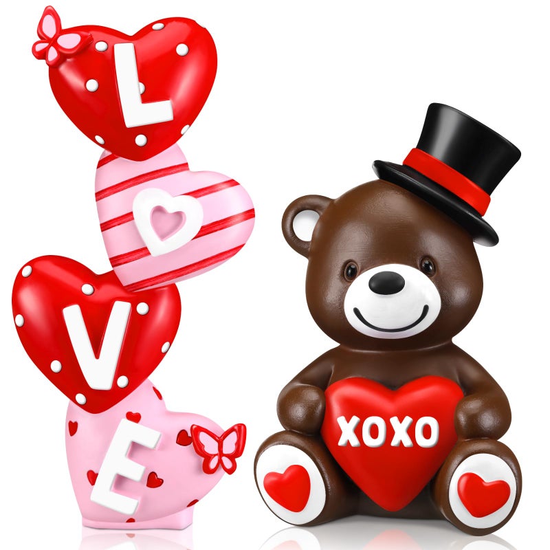 ShinyRelief 2 Pcs Valentine's Day Figurines Resin Bear Tabletop Love Heart Sculpture Decoration Valentine Pink Table Centerpiece for Dining Room Home Party Supplies Gifts Decor - Image 1