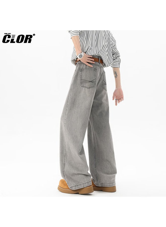 Clor American Retro Washed Curved Knife Jeans For Men, Autumn And Winter Style, Trendy Loose Straight-leg Wide-leg Pants, Nz16 Gray 3XL - Image 1