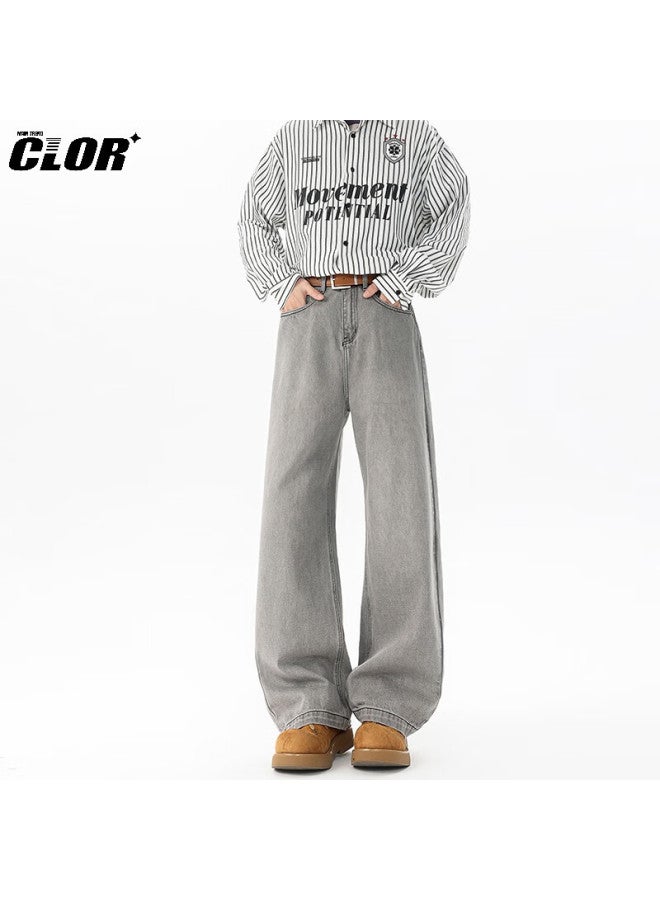 Clor American Retro Washed Curved Knife Jeans For Men, Autumn And Winter Style, Trendy Loose Straight-leg Wide-leg Pants, Nz16 Gray 3XL - Image 2
