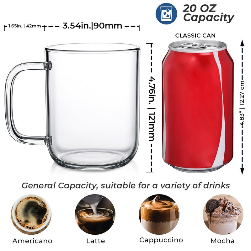 Aquach Glass Mugs 20 oz Set of 2, Extra Large Clear Glass Cup with Handle for Hot/Cold Coffee Tea Beverage, Drinking Glasses - Image 4
