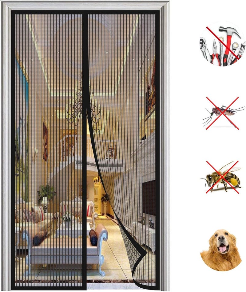 Magnetic Fly Screen Door - Automatic Closing Mosquito Net - Hands-Free Mesh Curtain for Balcony, Patio & Living Room Doors - Tool-Free Installation - Black