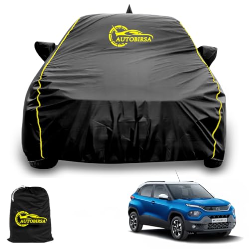 AUTOBIRSA Waterproof Car Body Cover Compatible with Tata Punch Car Cover with Mirror & Anteena Packets Dust Proof & Belt with 4 Side Elastic Black Colour & Yellow Piping Style - Image 1