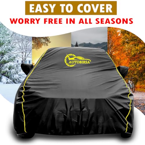 AUTOBIRSA Waterproof Car Body Cover Compatible with Tata Punch Car Cover with Mirror & Anteena Packets Dust Proof & Belt with 4 Side Elastic Black Colour & Yellow Piping Style - Image 5