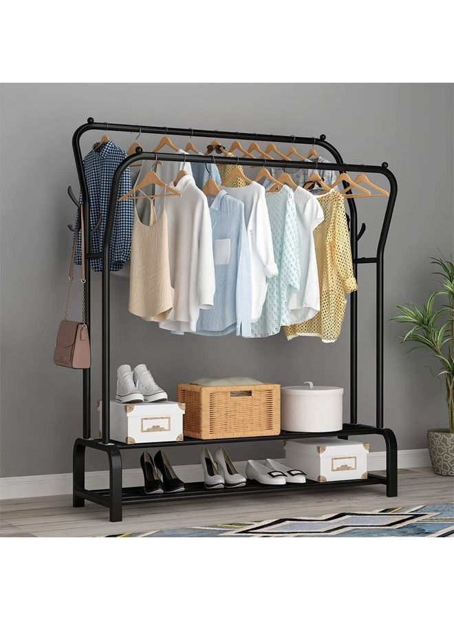 Taimi Garment Rack Freestanding Hanger Double Rods Multi-functional Bedroom Clothing Rack, Double layer 4 Hooks Black 110x35x146cm  - Image 1