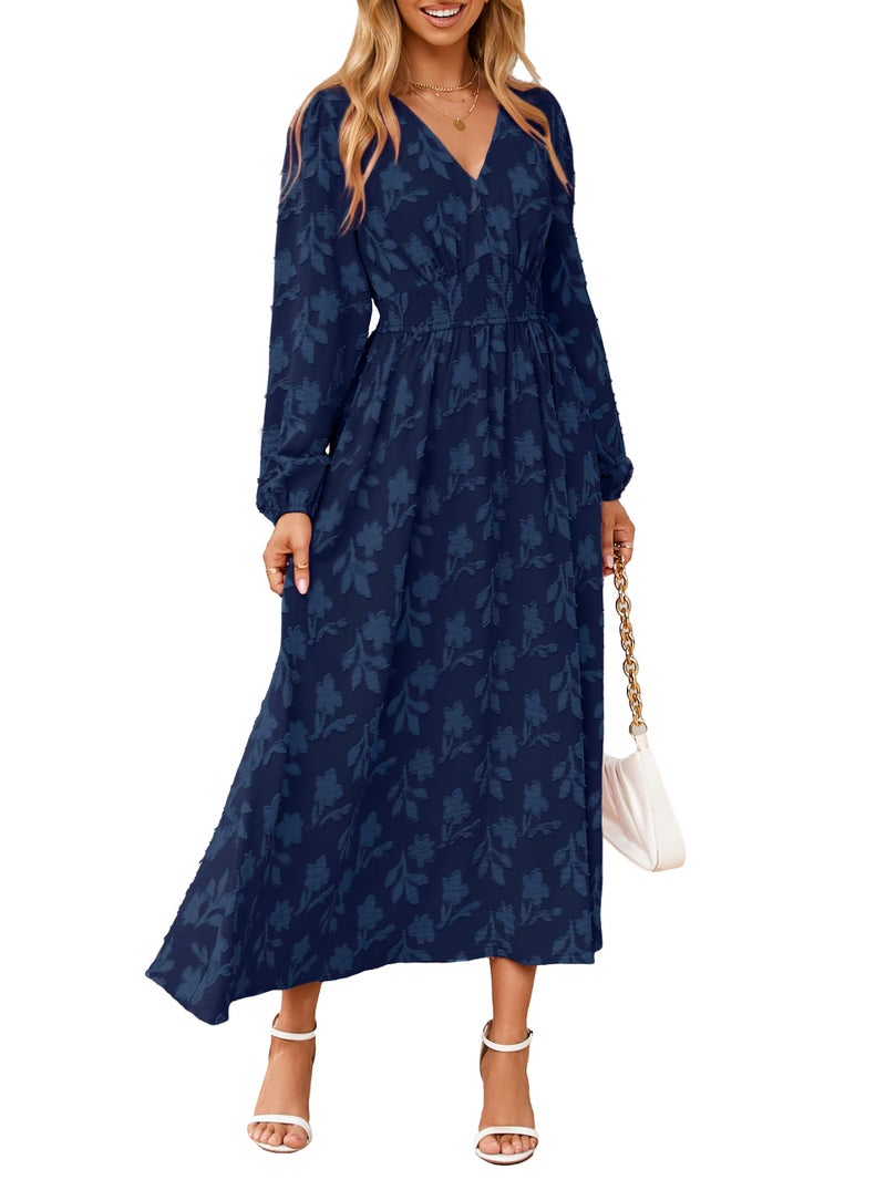 Simplee Womens Boho Floral Long Sleeve Maxi Dress Formal Wedding Guest Dresses Modest Church Dress Fall Outfits Navy Blue XL - Image 1