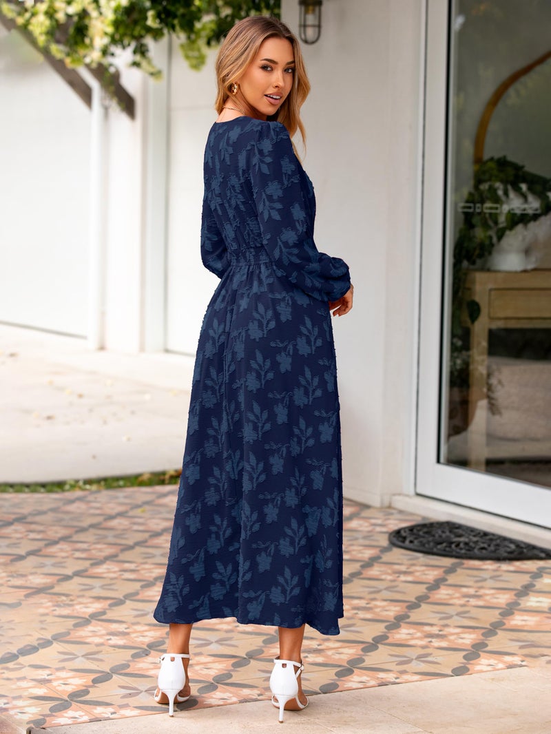 Simplee Womens Boho Floral Long Sleeve Maxi Dress Formal Wedding Guest Dresses Modest Church Dress Fall Outfits Navy Blue XL - Image 4