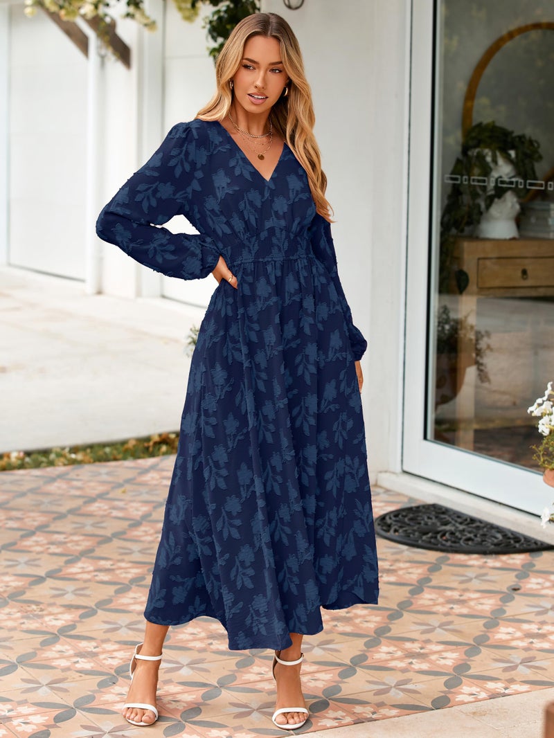 Simplee Womens Boho Floral Long Sleeve Maxi Dress Formal Wedding Guest Dresses Modest Church Dress Fall Outfits Navy Blue XL - Image 5