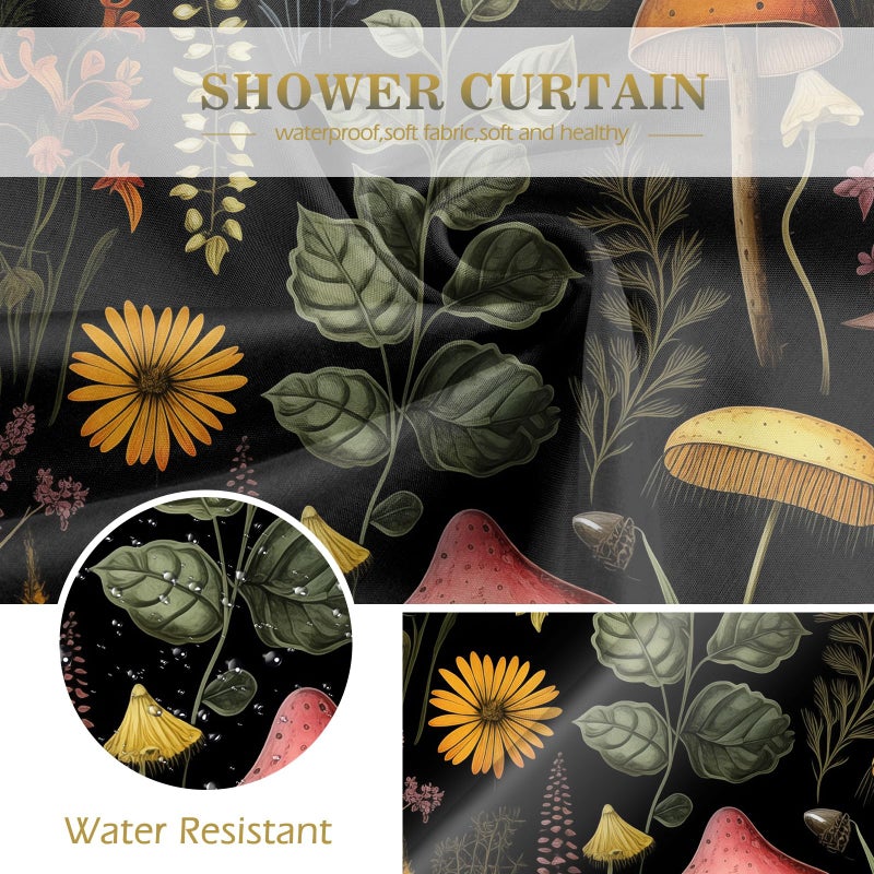 Aimego Mushroom Floral Shower Curtain - Boho Vintage Plants Flowers Retro Bohemian Botanical Nature Bath Shower Curtain Set with 12 Hooks for Adults Bathroom Decor Accessories, 72"x72" Black - Image 4