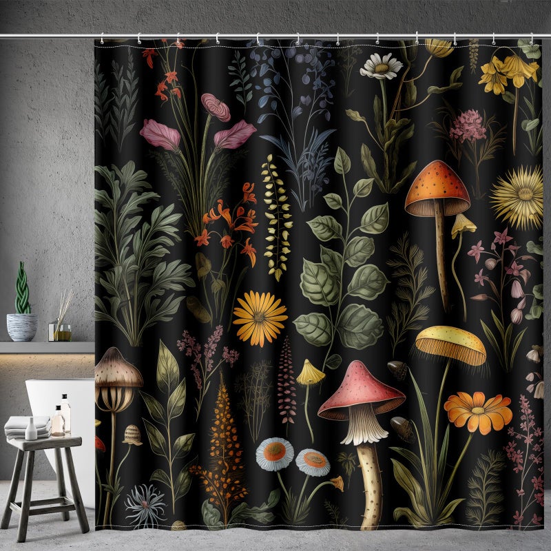 Aimego Mushroom Floral Shower Curtain - Boho Vintage Plants Flowers Retro Bohemian Botanical Nature Bath Shower Curtain Set with 12 Hooks for Adults Bathroom Decor Accessories, 72"x72" Black - Image 1