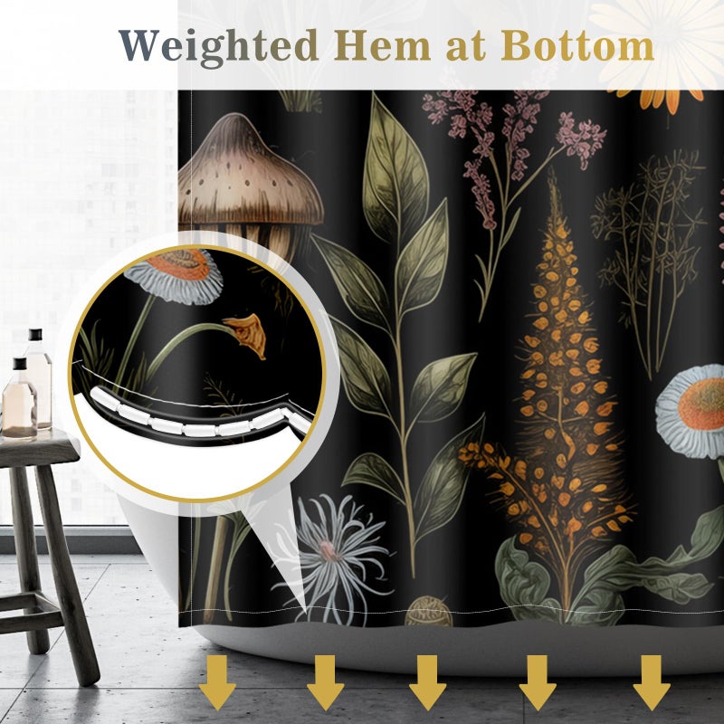 Aimego Mushroom Floral Shower Curtain - Boho Vintage Plants Flowers Retro Bohemian Botanical Nature Bath Shower Curtain Set with 12 Hooks for Adults Bathroom Decor Accessories, 72"x72" Black - Image 5