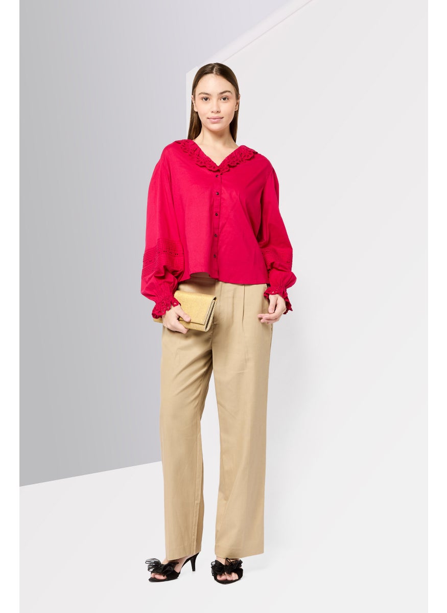 Scotch & Soda Women V-Neck Eyelet Long Sleeve Shirt, Magenta  - Image 2