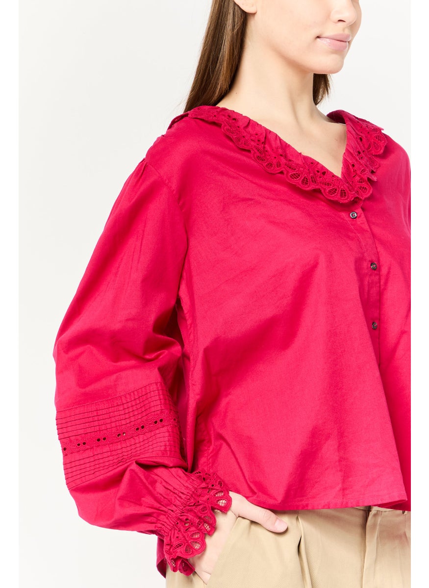 Scotch & Soda Women V-Neck Eyelet Long Sleeve Shirt, Magenta  - Image 3