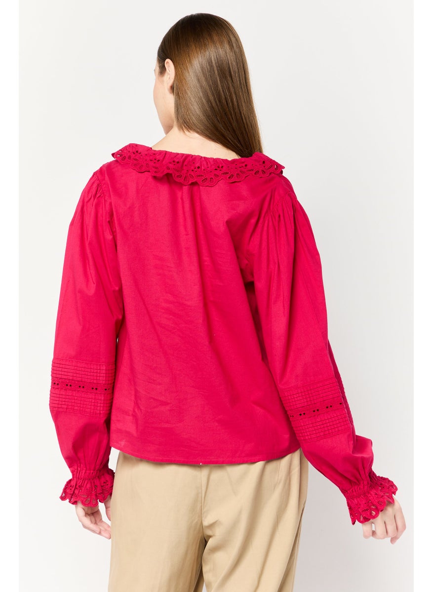 Scotch & Soda Women V-Neck Eyelet Long Sleeve Shirt, Magenta  - Image 4