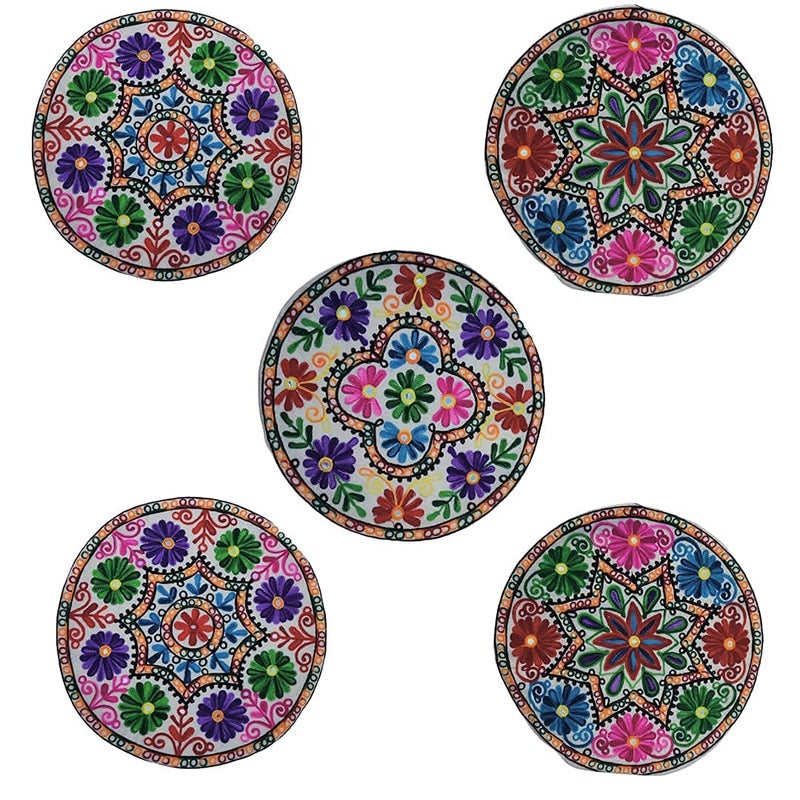 STLYZ Round Rajasthani Ethnic Embroidered Khadi Cushion Cover 16x16 Inch Pack of 5 Design 01 - Image 3