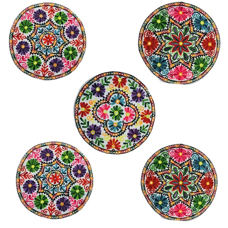 STLYZ Round Rajasthani Ethnic Embroidered Khadi Cushion Cover 16x16 Inch Pack of 5 Design 01 - Image 2