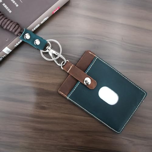 boshiho Badge Holder: Boshiho Cowhide Leather ID Badge Card Holder with 19" Neck Lanyard, Vertical Style (Brown-Blue) - Image 2