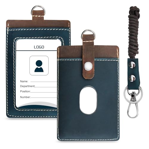 boshiho Badge Holder: Boshiho Cowhide Leather ID Badge Card Holder with 19" Neck Lanyard, Vertical Style (Brown-Blue) - Image 1