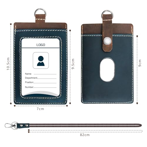 boshiho Badge Holder: Boshiho Cowhide Leather ID Badge Card Holder with 19" Neck Lanyard, Vertical Style (Brown-Blue) - Image 3