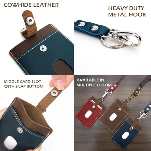 boshiho Badge Holder: Boshiho Cowhide Leather ID Badge Card Holder with 19" Neck Lanyard, Vertical Style (Brown-Blue) - Image 5