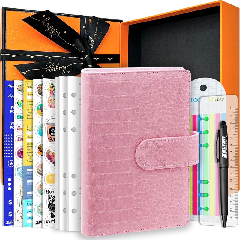Zelten PU Leather Personal Notebook Planner with 80 Pages Loose-Leaf Papers 6 Holes Ring Binder Pen Holder Magnetic Buckle (Pink Crocodile Pattern, A6 Gift Box) - Image 1