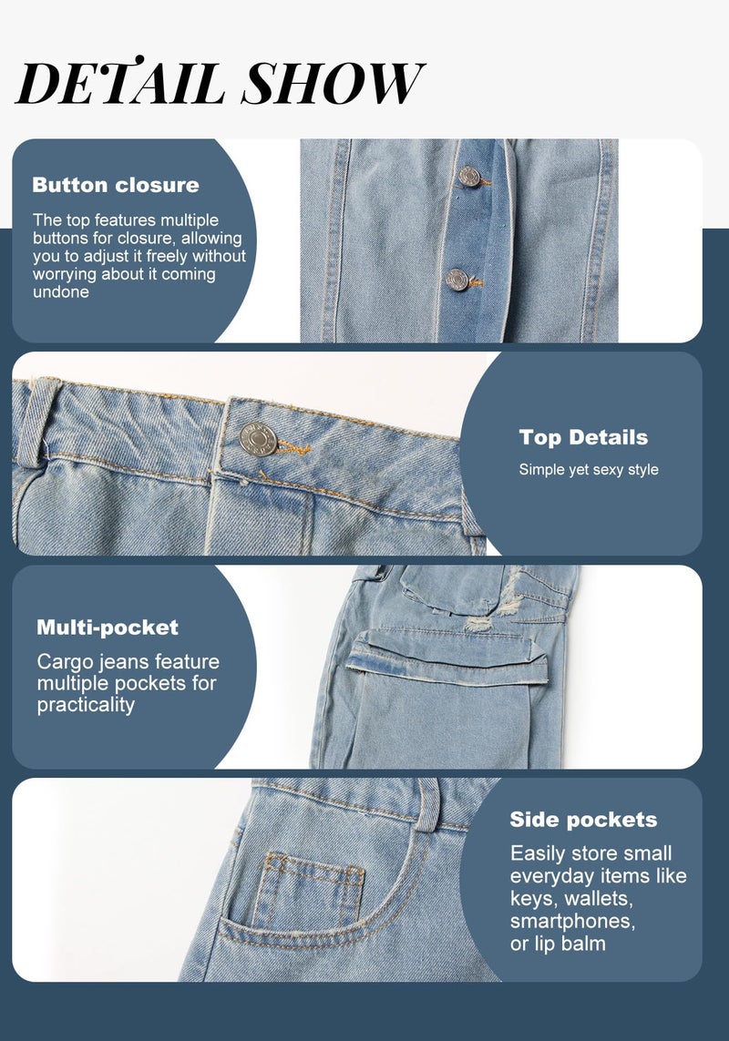 LKOUS Casual Cargo Denim Jumpsuit for Women, Elastic Stretch Multi Pockets Button Down Straight Leg Jeans Jumpsuits - Image 4