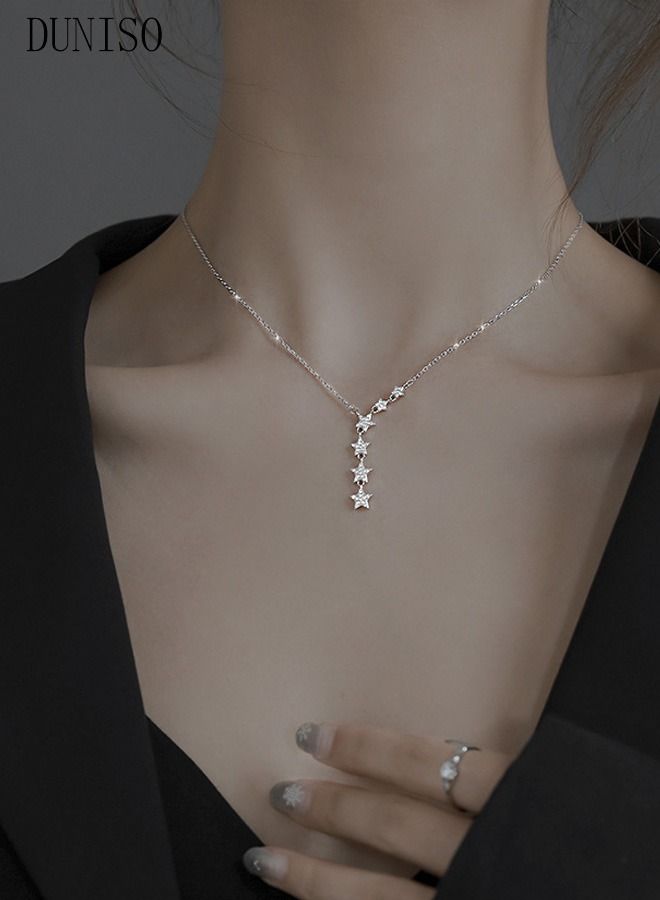 DUNISO Star Y Necklace 925 Sterling Silver Star Choker Necklace Silver Crystal Star Drop Choker Chain Pendant Necklace Simple Necklace Chain Jewelry  for Women Teen Girls - Image 1