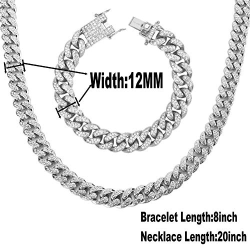 putouzip Miami Cuban Link Chains Set For Men 12/14/20mm 18K Gold Plated Diamond Fully Iced Out Chain Bracelet Necklace(12mm Silver Set,24inch) - Image 2