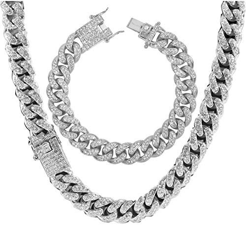 putouzip Miami Cuban Link Chains Set For Men 12/14/20mm 18K Gold Plated Diamond Fully Iced Out Chain Bracelet Necklace(12mm Silver Set,24inch) - Image 1