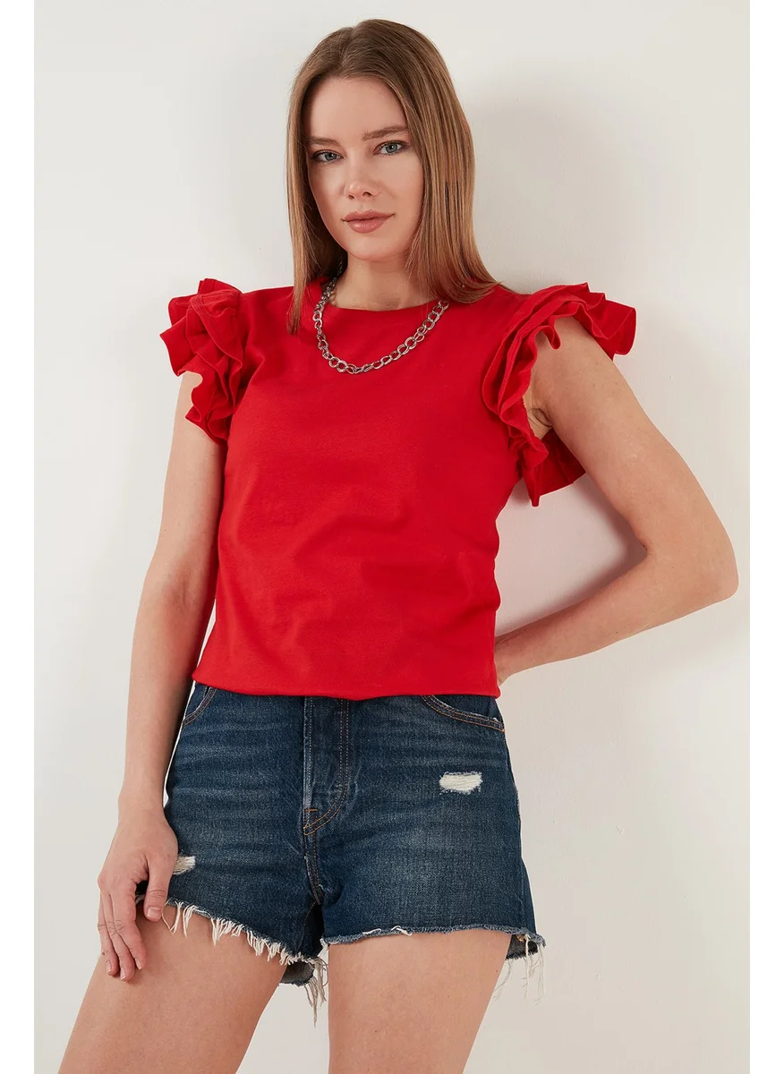 Lela Cotton Ruffled Sleeves Slim Fit Crew Neck T Shirt Women's T Shirt 5864500