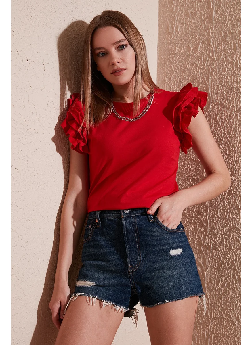 Lela Cotton Ruffled Sleeves Slim Fit Crew Neck T Shirt Women's T Shirt 5864500
