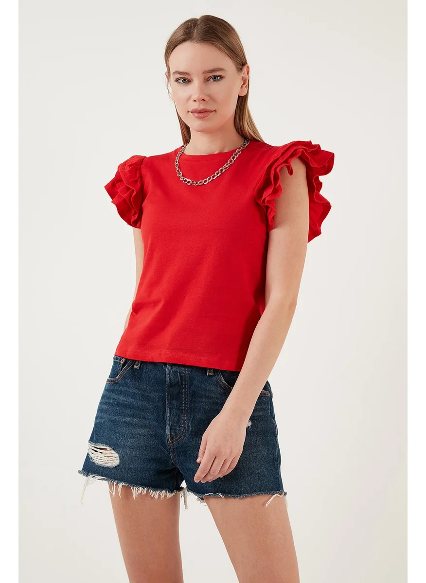 Lela Cotton Ruffled Sleeves Slim Fit Crew Neck T Shirt Women's T Shirt 5864500