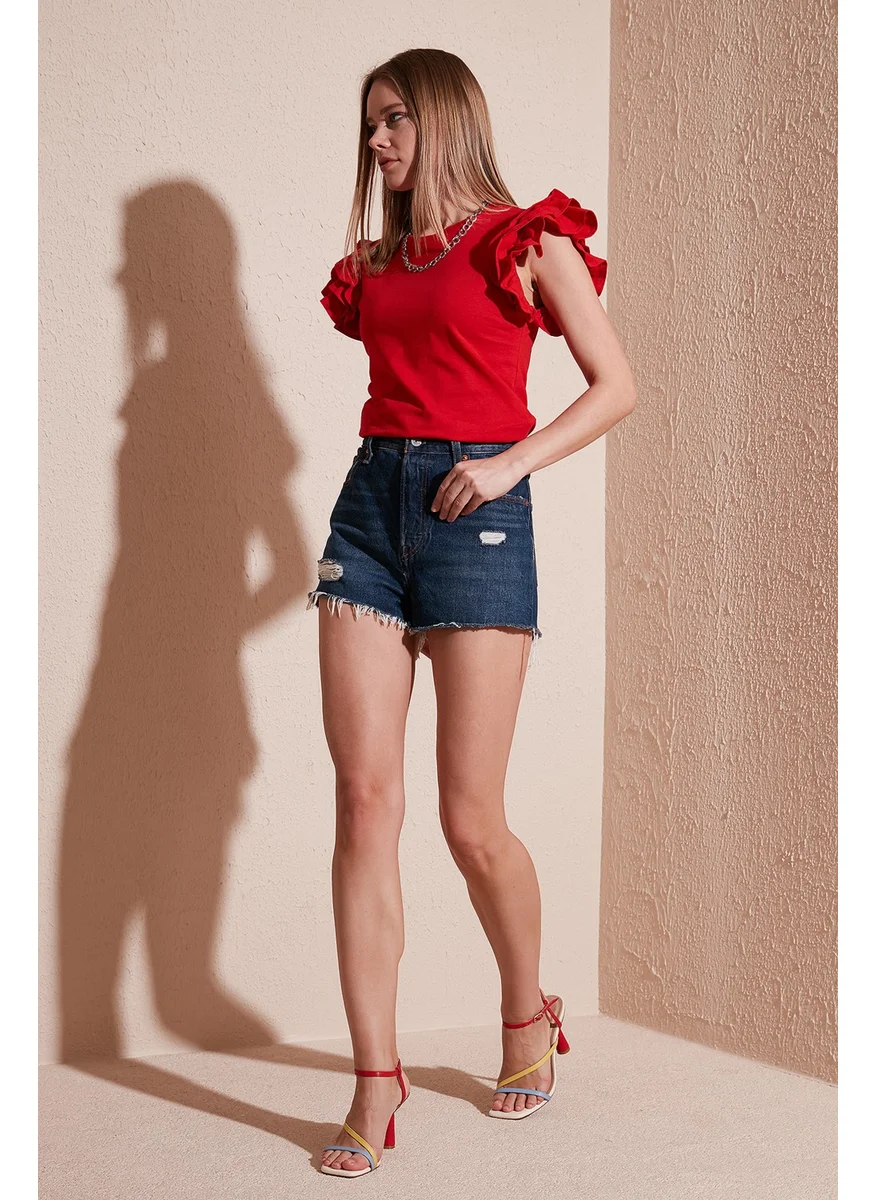 Lela Cotton Ruffled Sleeves Slim Fit Crew Neck T Shirt Women's T Shirt 5864500