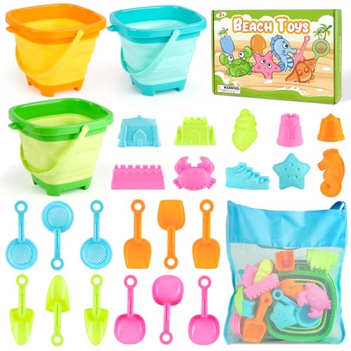 Dreamon Beach Toys for Kids 310 Collapsible Sand Toys Include 3 Pack Foldable Buckets 24 PCS Beach Mold and Shovels Molds Travel Sandbox Beach Toys for Kids Toddler with Mesh Bag - Image 1