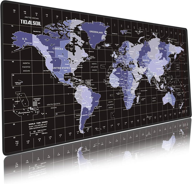 TIDALSOIL Gaming Mouse Pad 900x400mm, Anti-Slip Oversized Extended Desktop Mat, World Map Design with Rubber Base and Stitched Edges, Ideal for Gaming and Office Use, Black - Image 1