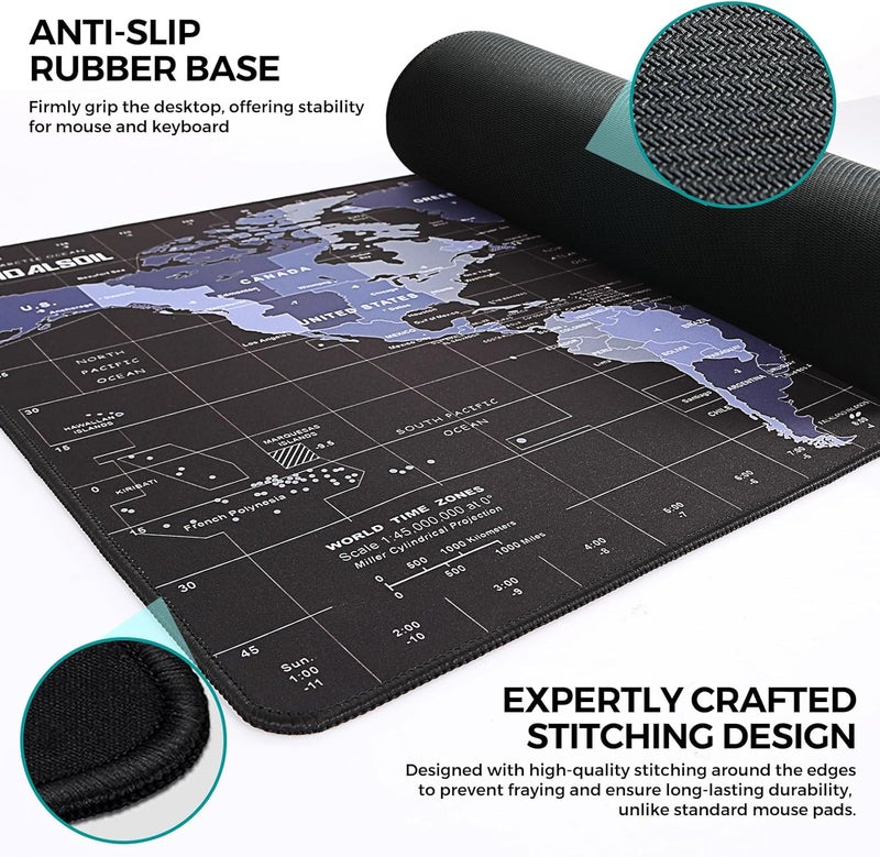 TIDALSOIL Gaming Mouse Pad 900x400mm, Anti-Slip Oversized Extended Desktop Mat, World Map Design with Rubber Base and Stitched Edges, Ideal for Gaming and Office Use, Black - Image 3