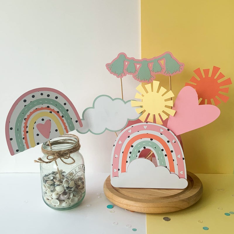 Pinfliers Rainbow Theme Birthday Decorations,Birthday Table Centerpiece/Birthday Table Decorative Items/Birthday Party Table Centrepieces, 1 Pastel Rainbow Paper Box, 6 Small Cut outs, Multicolor - Image 4
