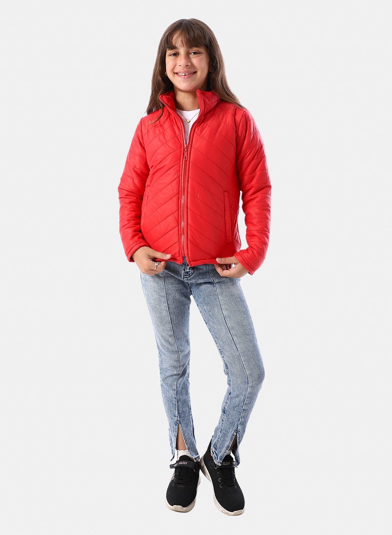 Andora Zip Through Neck Zipped Girls' Puffer Jacket - Red - Image 5