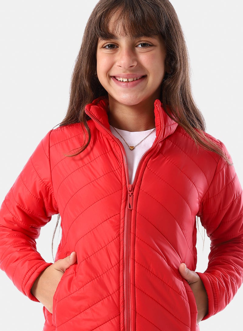 Andora Zip Through Neck Zipped Girls' Puffer Jacket - Red - Image 4