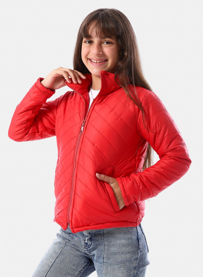 Andora Zip Through Neck Zipped Girls' Puffer Jacket - Red - Image 2