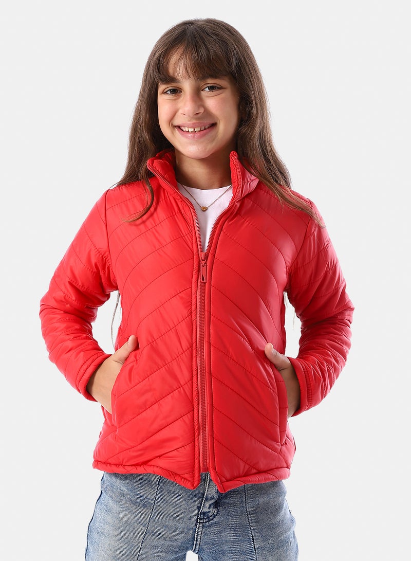 Andora Zip Through Neck Zipped Girls' Puffer Jacket - Red - Image 1