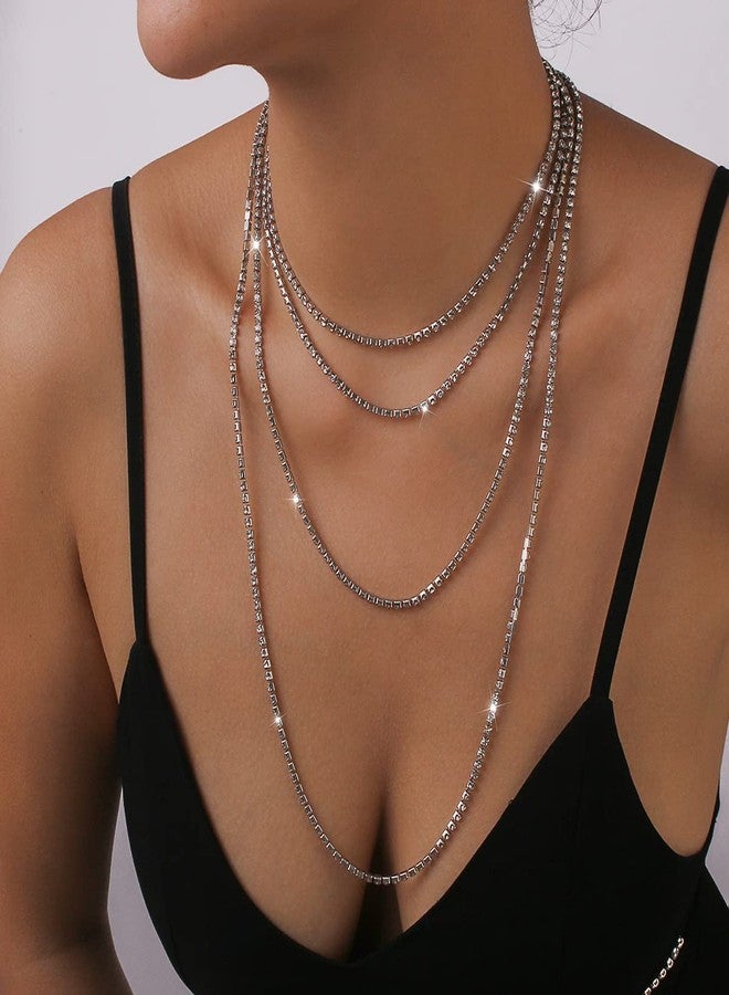 Jumwrit Rhinestone Layered Necklace Extra Long Tennis Chain Choker Necklace Clavicle Necklace Sparkle Chain Necklace Accessories for Women（Silver） - Image 5