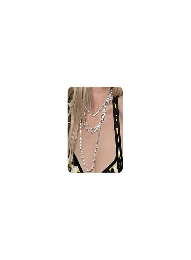 Jumwrit Rhinestone Layered Necklace Extra Long Tennis Chain Choker Necklace Clavicle Necklace Sparkle Chain Necklace Accessories for Women（Silver） - Image 1